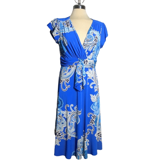 Evan Picone Blue Print Flare Dress Size 10 - Picture 2 of 16